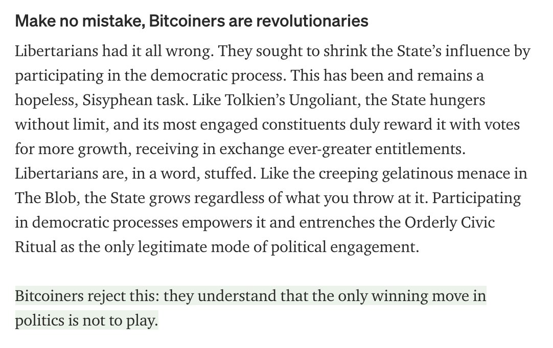 10/ Your Occupy Wall Street sister: This is my favorite bitcoin post of all time.  @nic__carter nails the case for how subversive bitcoin really is as a technology. Not just a toy, or a gambler's vice, or a libertarian pipe dream. But a weapon. https://casebitcoin.com/a-most-peaceful-revolution