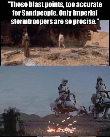 This kind of things hurts the narrative, yes on screen it appears the storm troopers have bad aim due to plot armor. but in universe they were elite warriors that were supposed to be feared. 7/12