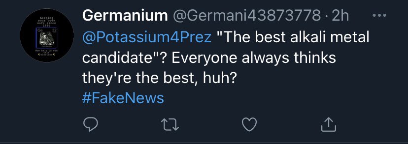 Potassium4Prez's tweet photo. Please refer to this post to see @Germani43873778 literally calling everyone garbage and lying about his “playing nice guy” approach. Now for the voters, you can not listen to these people. Their intention is to hide the truth from you. I will give you a voice. #NHSelements2020 https://t.co/faKJh4x1B7