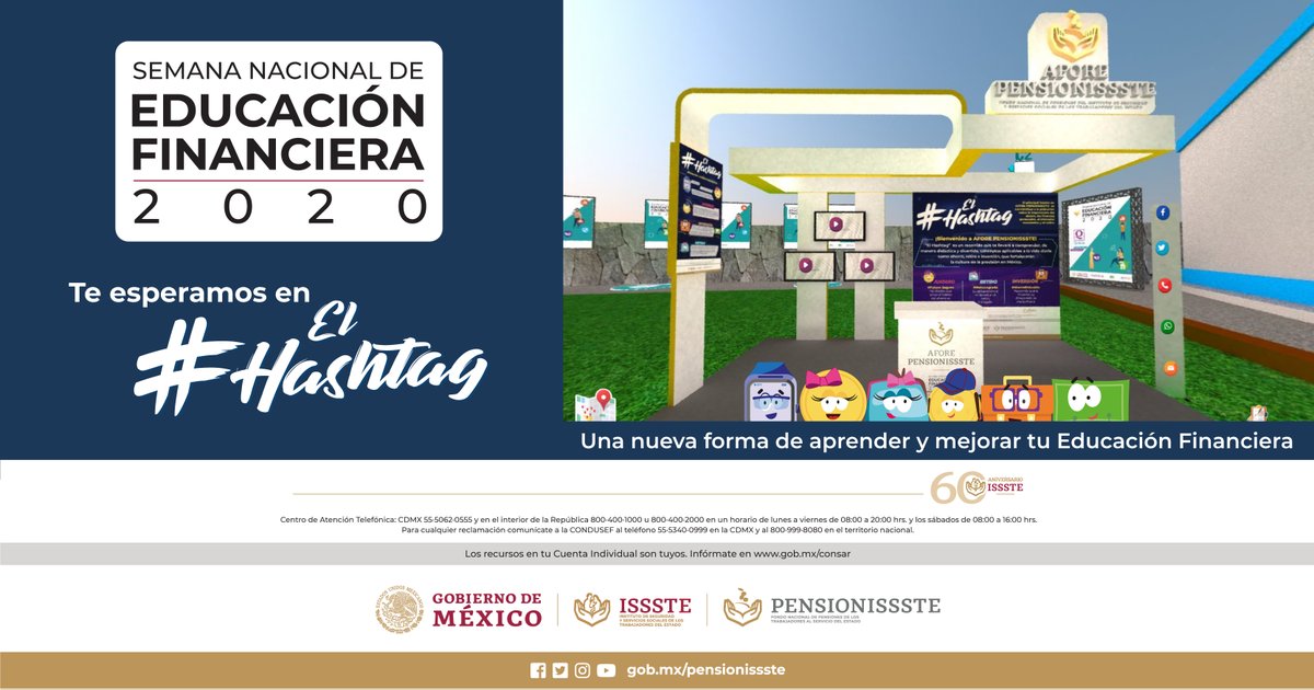 PENSIONISSSTE_'s tweet photo. ¡Visita nuestro módulo digital #ElHashtag en la #SNEF2020! Descubre cómo mejorar la salud de tus finanzas desde una perspectiva útil y divertida. Para iniciar el recorrido sólo da clic aquí ➡️ https://t.co/2KpHdx8Hdk https://t.co/ppRA4Cshh1