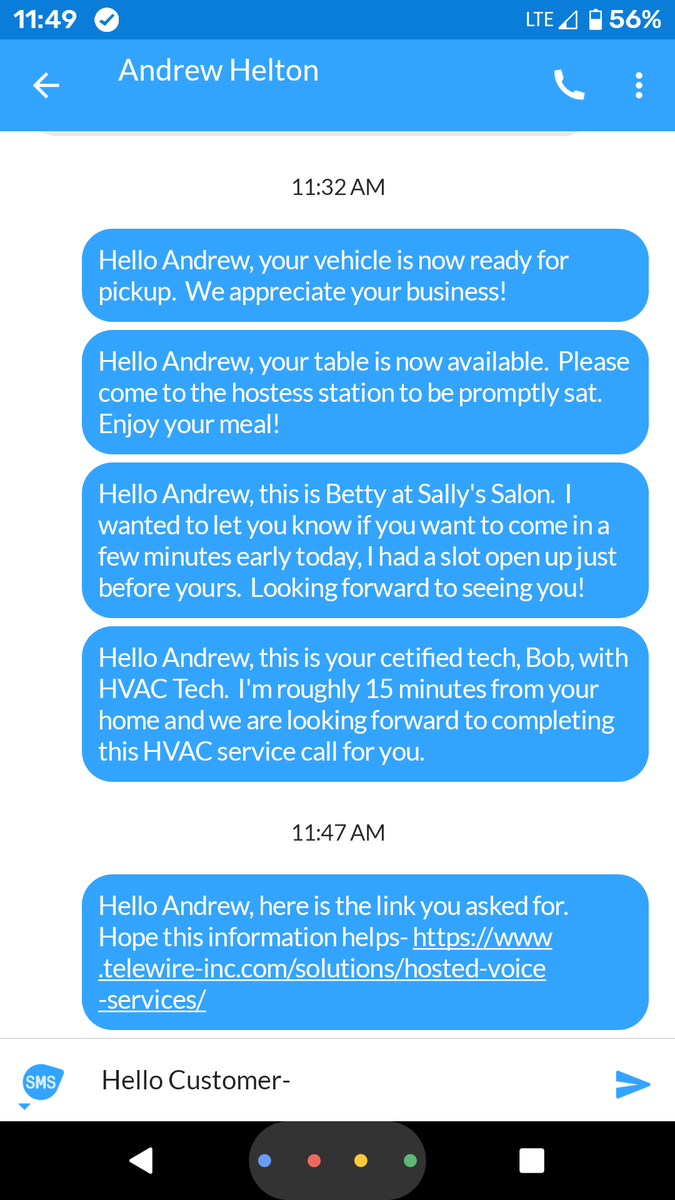 SurfNoc's tweet photo. Effortlessly reach your customers with Telewire's business SMS/Text messaging. Texts cuts down on time spent calling customers and some even prefer text. Visit our website for more info here https://t.co/acoFBdvGTV #UnifiedComm #CustomerService #businesstext #businesssms https://t.co/pnZYmfrwHF