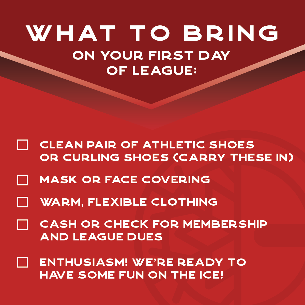 MowerCurling's tweet photo. FALL LEAGUE STARTS THIS SUNDAY! A reminder that no special equipment and no experience is necessary. Here's a list of a few things to bring with you. Please arrive 20-30 minutes before your assigned draw time to pay for your membership + league fees. https://t.co/7P1Lv2TF5R
