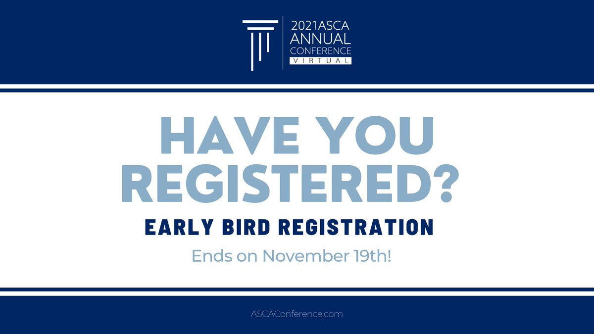 Early Bird Registration is going to end soon! Make sure you go register for the ASCA Annual Conference before Nov. 19th!

Register HERE⬇️
theasca.org/ev_calendar_da…

#ASCA21isVirtual #ASCAOffice #WeAreASCA #StudentConduct #StudentAffairs #SAPro #SAGrad #HigherEd #GetInvolved