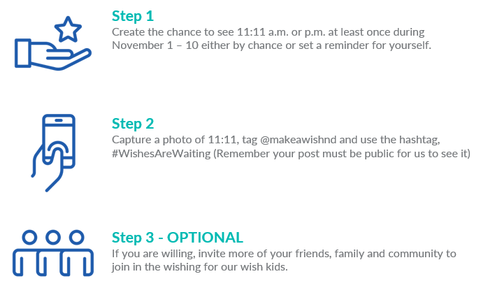 MakeAWishND's tweet photo. Right now, hope is essential. Especially for our wish kids as they battle critical illnesses. We're asking you to wish a little extra FOR them. From now until November 11th, snap a picture of your watch/clock/phone at 11:11 &amp; share what you are wishing for the children we serve⭐️ https://t.co/g40FOq9epn