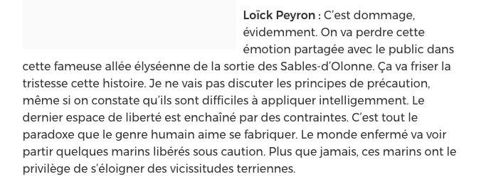 bernardchambon5's tweet photo. Du sage Loïck Peyron sur le départ  du Vendée Globe.Bon vent aux fous volants qui s'élancent pour le tour du monde.A ces chanceux qui s'évadent pour affronter les océans en totale liberté.Certainement  observés par moultes prisonniers masqués dont je serai en attendant mon tour ! https://t.co/ckVtKPOFkh