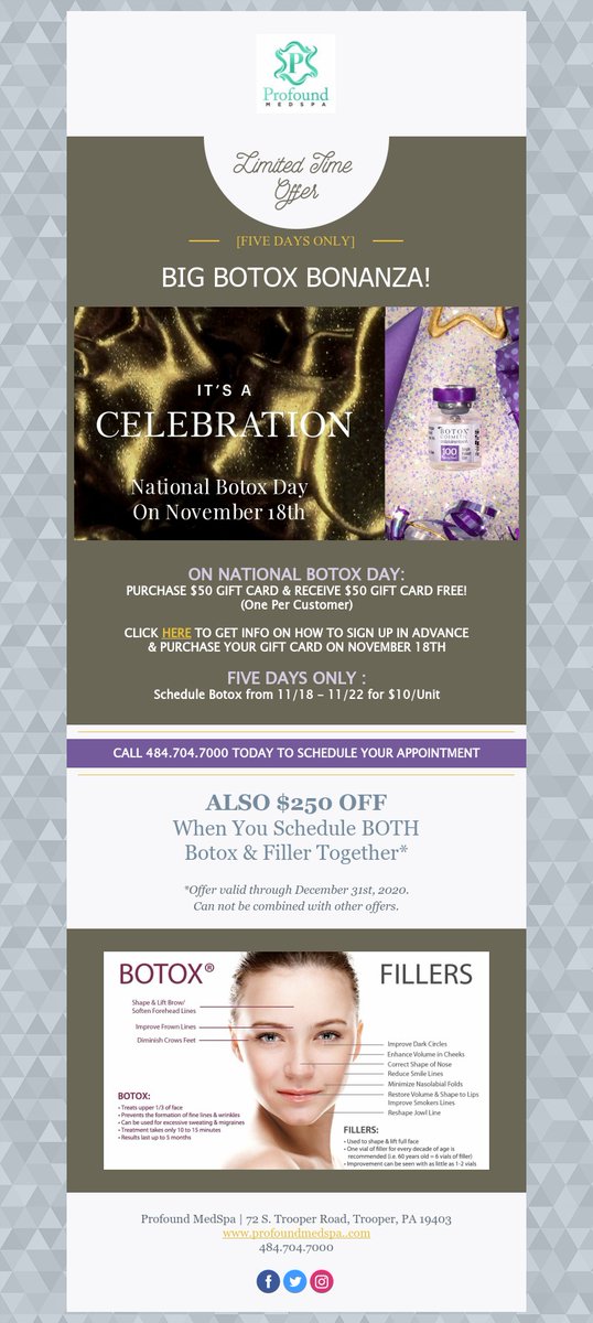 MedspaProfound's tweet photo. NATIONAL BOTOX DAY 11.18.20!!! 💋😊😍
Call the spa at 484.704.7000 to schedule your appointment. https://t.co/GUBLc9E2SC