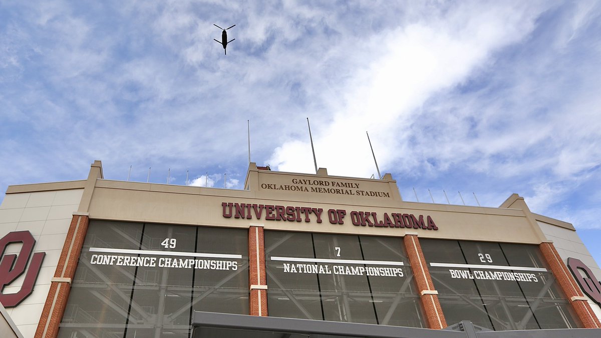 OU_Athletics's tweet photo. As part of Saturday’s Military Appreciation Day at @OU_Football, we’ve got a multi-helicopter flyover planned for shortly before kickoff featuring the Oklahoma Army National Guard. #SoonerSalute 

🇺🇸 https://t.co/t8JjeGBco7 | #BoomerSooner https://t.co/8r47s96Oou