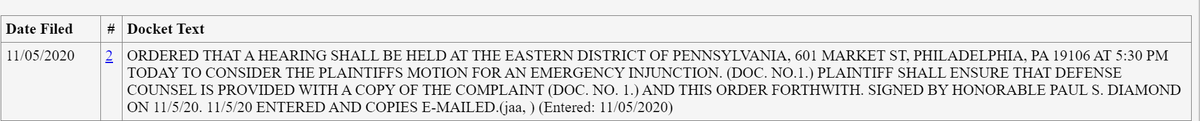 NEW: Philly federal judge has scheduled an emergency hearing tonight on another suit by Trump campaign. This one seeks to stop the count in Philly, claiming local election officials have barred the campaign's observers access to the count.