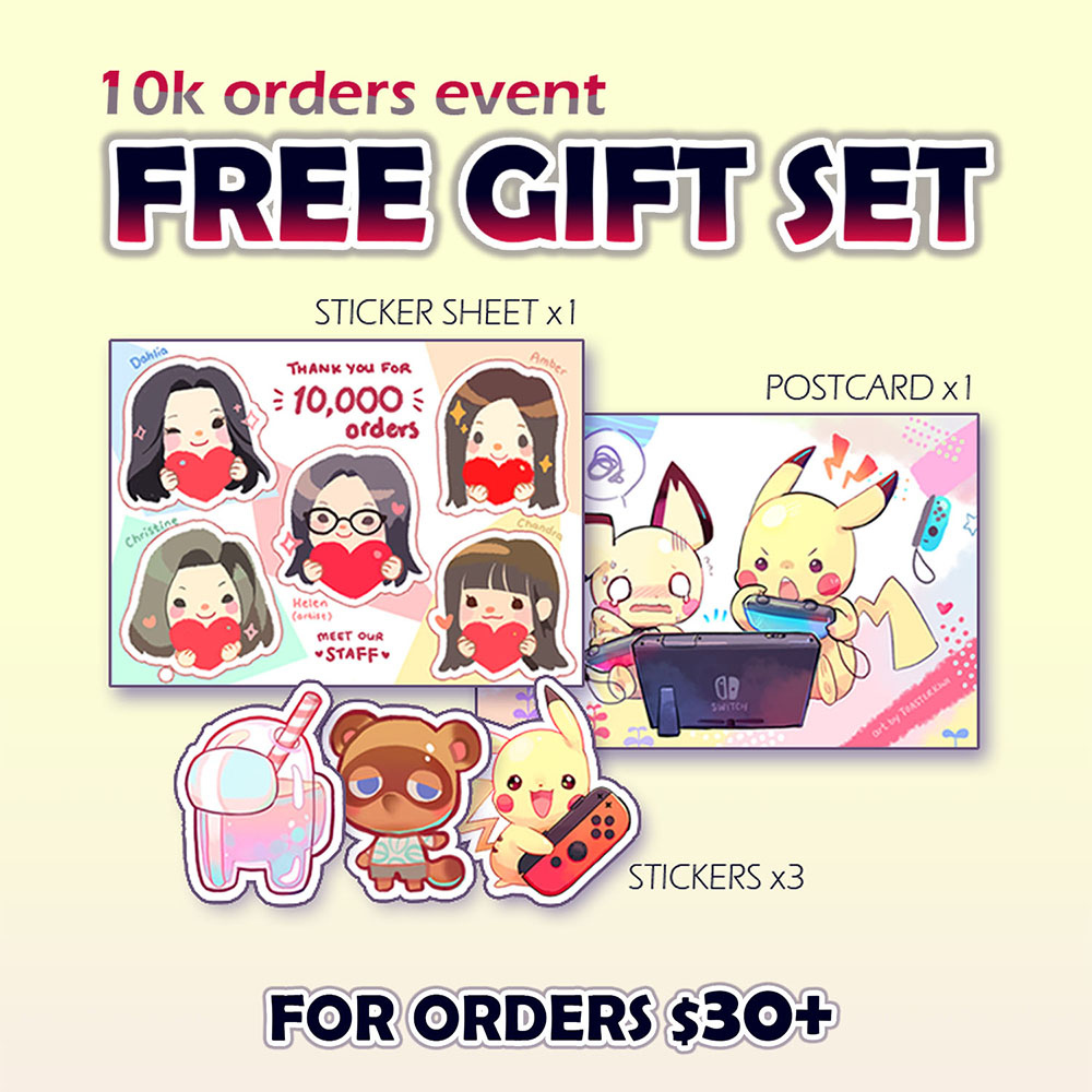 After 4 years, my shop reached its 10,000th order! I still can't believe 10k people out there like my art enough to buy it. ?❤️ THANK YOU FOR SUPPORTING MY ART SHOP!!!

To celebrate the milestone, we're giving gift sets with orders. You can get one here: https://t.co/z6d4BB2rlu 