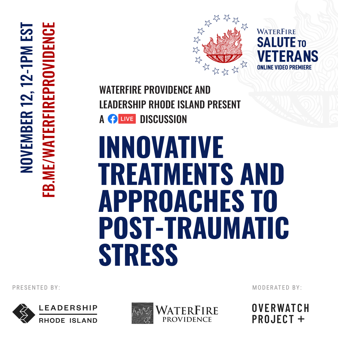 OverwatchProj's tweet photo. For @WaterFireProv Salute to Veterans, we'll be moderating this 11/12 virtual panel on Innovative Treatments &amp; Approaches for Post-Traumatic Stress. We have a great group of researcher/innovators for the discussion. Join us! @RickDoblin
 @MAPS @WaveNeuro https://t.co/KXAKAaGl3E https://t.co/ph0c2GW7L6