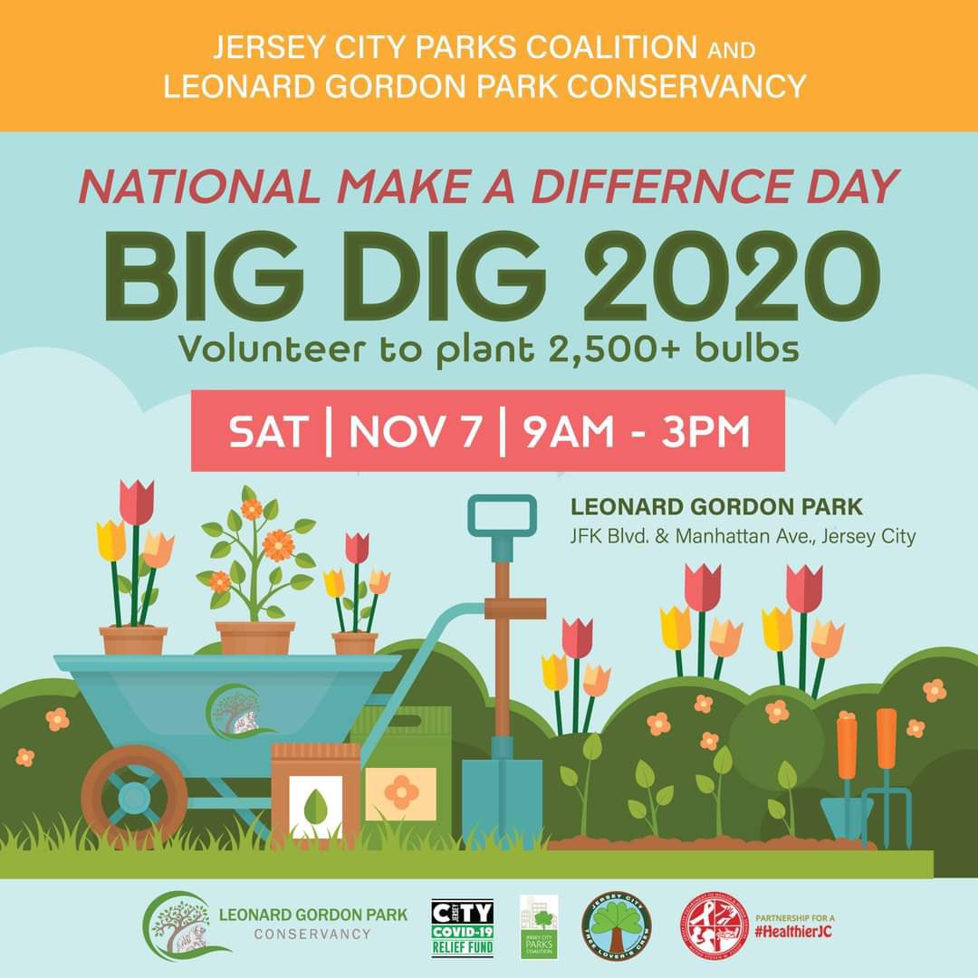 The <a href="/jcparksco/">jcparkscoalition</a> is hosting the #BigDig2020 -a citywide beautification effort. Join us at Leonard Gordon Park as we plant several hundreds of bulbs throughout the park! <a href="/JerseyCity/">City of Jersey City</a> <a href="/HealthierJC/">Healthier JC</a> <a href="/ServeJerseyCity/">Serve Jersey City</a> #lgpconservancy <a href="/PatrickAmbrossi/">Patrick Ambrossi</a>  <a href="/ServeJerseyCity/">Serve Jersey City</a> #jcheights