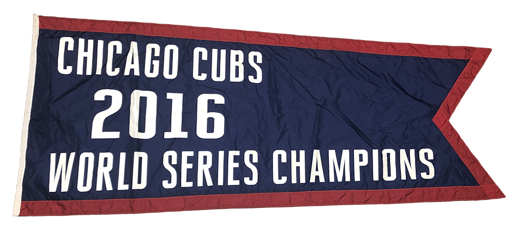 CubsAuthentics's tweet photo. This 2016 World Series Champions flag flew from the center field bleachers. It measures almost 10 ft. long! 

#FlagsofWrigleyFieldAuction #WrigleyFieldCollection #CubsCharities https://t.co/QDhuiuabYO