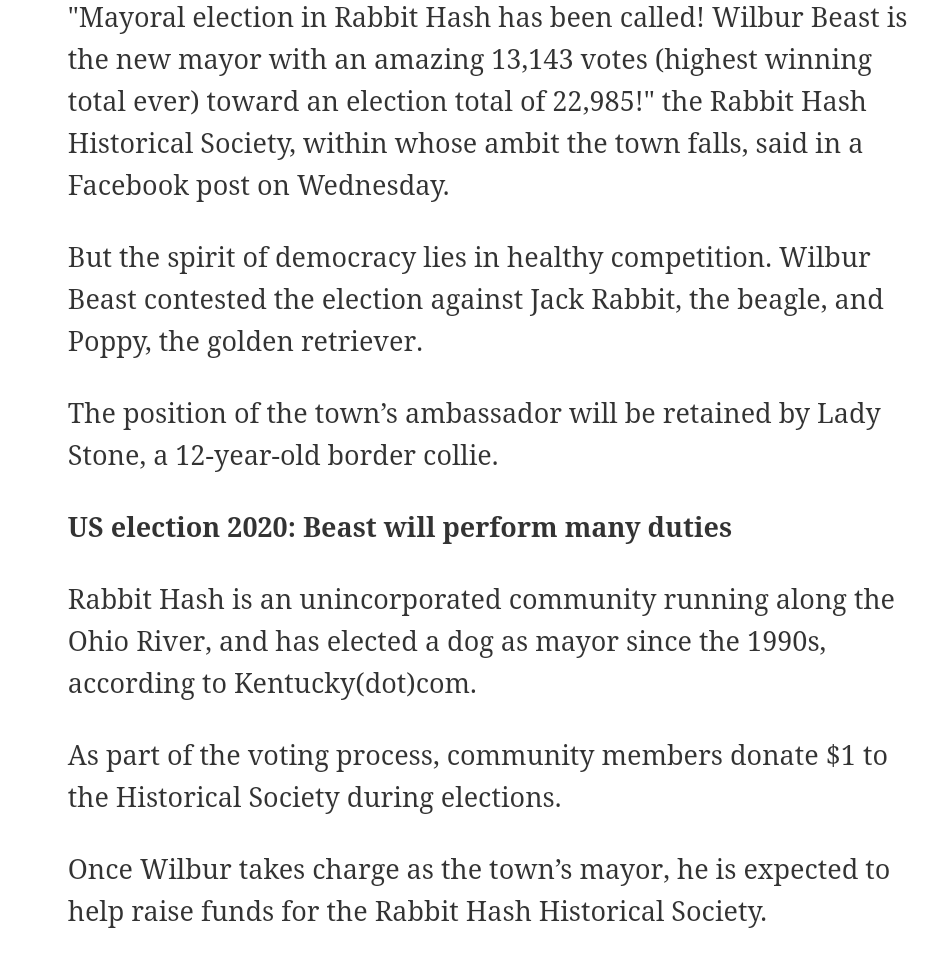 CherylMorrisW's tweet photo. "As part of the #voting process, community members donate $1 to the #HistoricalSociety during #elections. Once #Wilbur takes charge as the town’s #mayor, he is expected to help raise funds for the #RabbitHash Historical Society."
#Dogs #WilburBeast #GoodNews #Dogs #elections https://t.co/vBrDIkQAOP