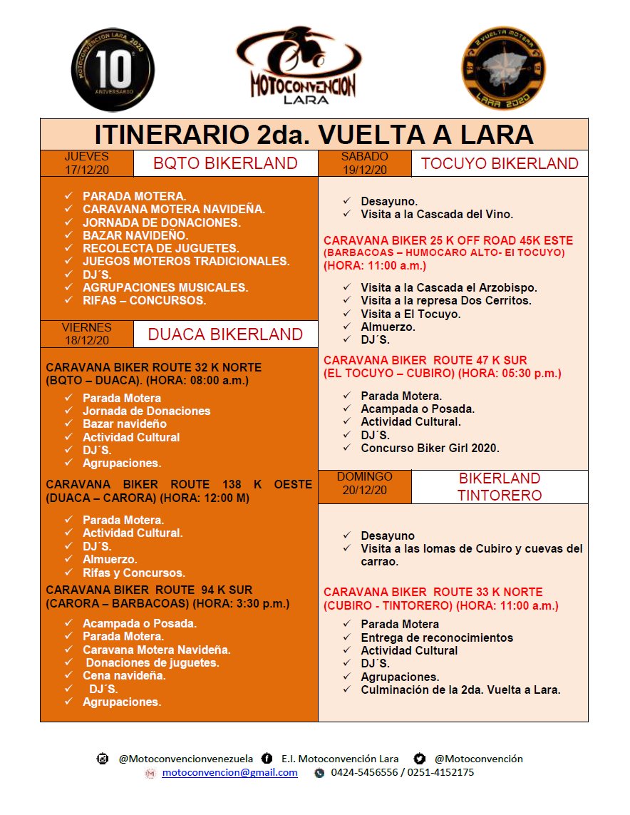 eventoscodigo's tweet photo. Feliz jueves motero! Aquí les envíamos la excelente programación dispuesta para la 2da. Vuelta a Lara. En lo que respecta al combustible, estamos realizando las coordinaciones necesarias con las autoridades regionales para poder surtir durante el recorrido por lo menos dos veces. https://t.co/fz2RotdZS6