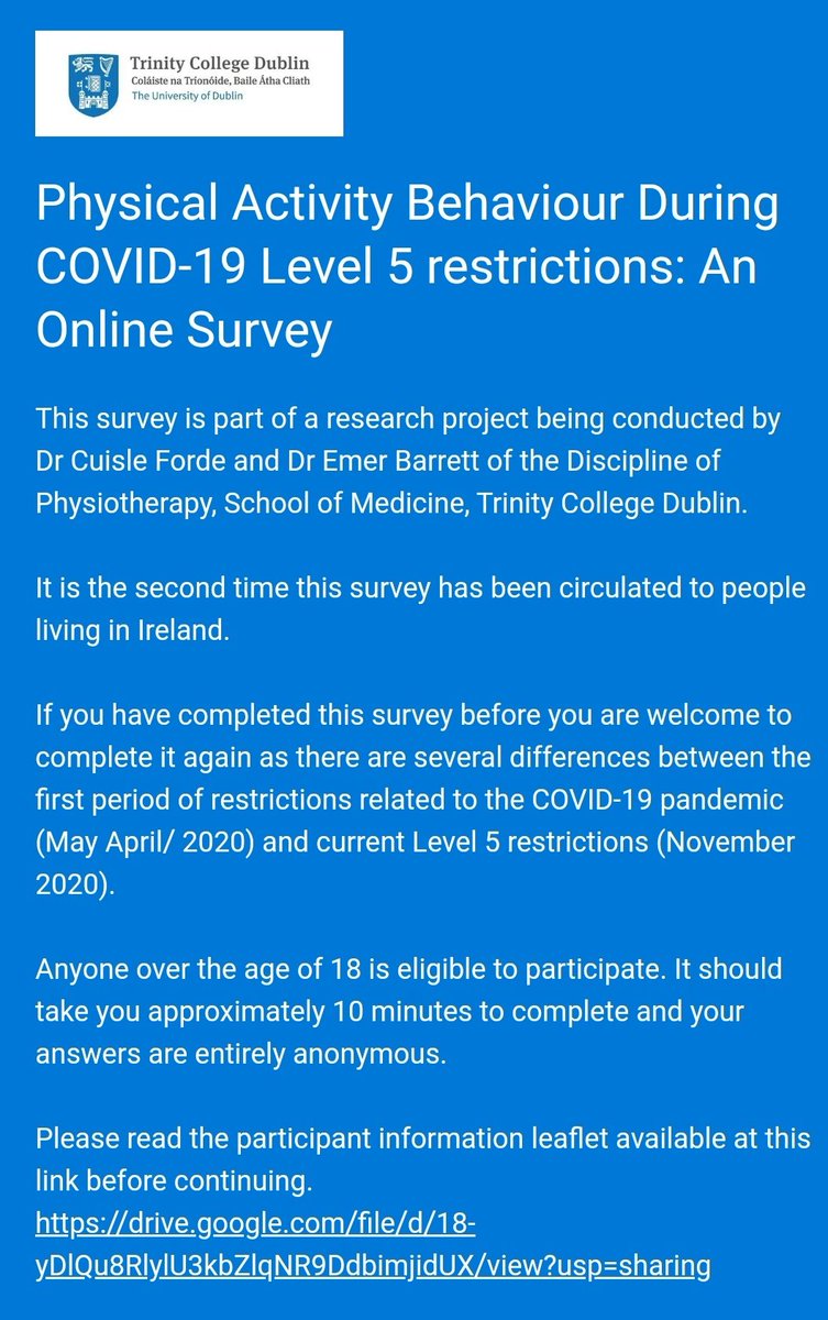 Let's find out if we are as #physicallyactive now as we were during the first stage of strict #COVID19 restrictions. 

Complete the new survey on current Level 5 restrictions below to contribute to <a href="/tcddublin/">Trinity College Dublin</a> #research  forms.office.com/Pages/Response… 

 #KeepWell #Ireland