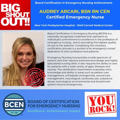 Congratulations to Audrey Arcari! Certified Emergency Nurse! We are proud of you! #CEN #certification <a href="/_farleyobusan/">Farley</a> <a href="/RhodaRedulla/">Rhoda Redulla,DNP,RN,FAAN</a>