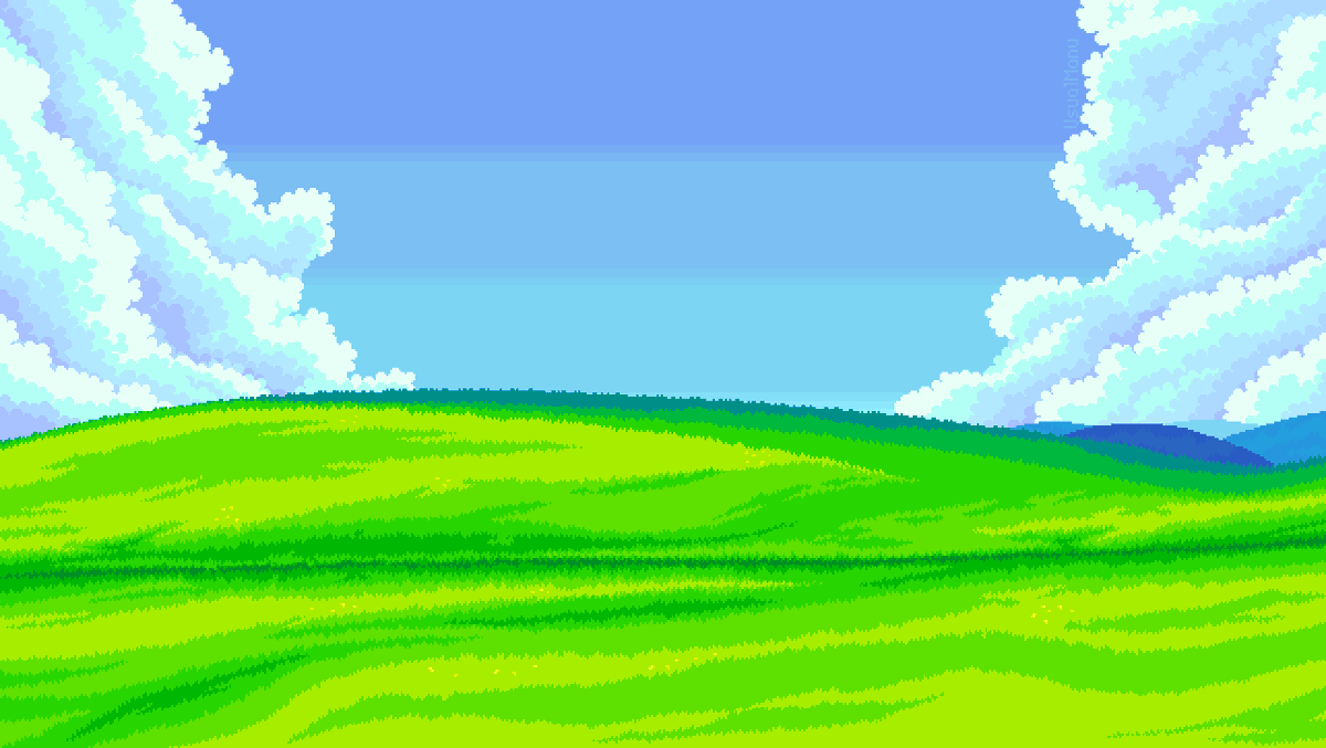 manumetre's tweet photo. A pixel art version of the old windows xp wallpaper I’ve made for the GMTK jam some time ago #pixelart #WindowsXP #GMTKJam https://t.co/Rn5PvDU205