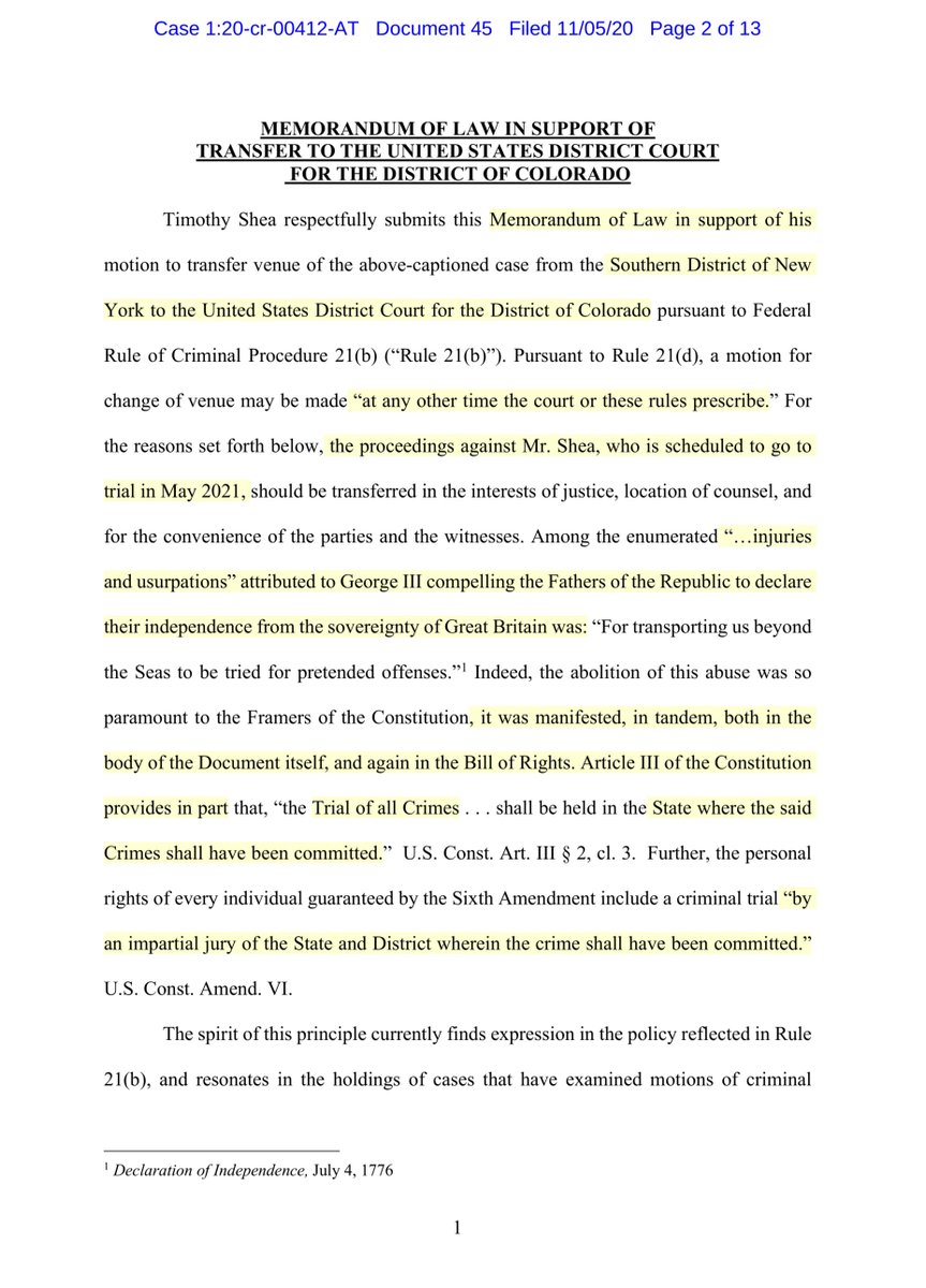 Apologies I did this backwards - defendant Shea’s motion to change/move venue“Mr. Shea petitions this Court “for the convenience of the parties and witnesses, and in the interest of justice” to transfer this matter to the District of Colorado“The play? https://ecf.nysd.uscourts.gov/doc1/127127922207