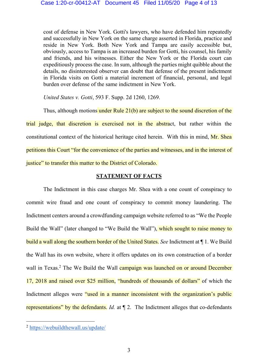 Apologies I did this backwards - defendant Shea’s motion to change/move venue“Mr. Shea petitions this Court “for the convenience of the parties and witnesses, and in the interest of justice” to transfer this matter to the District of Colorado“The play? https://ecf.nysd.uscourts.gov/doc1/127127922207