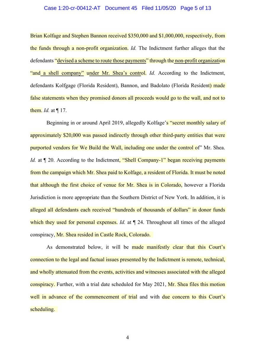 Apologies I did this backwards - defendant Shea’s motion to change/move venue“Mr. Shea petitions this Court “for the convenience of the parties and witnesses, and in the interest of justice” to transfer this matter to the District of Colorado“The play? https://ecf.nysd.uscourts.gov/doc1/127127922207