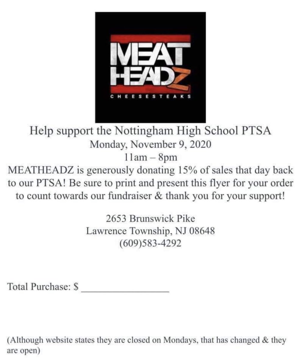 ⭐️Come on out on Monday, November 9th to MEATHEADZ CHEESESTEAKS and support our Nottingham PTSA!! 15% of all sales come back to our students! Thank you for supporting our STARS! ⭐️<a href="/HTSD_Nottingham/">Nottingham High School</a> <a href="/Northstars_LMC/">Northstars Library ✨</a>
