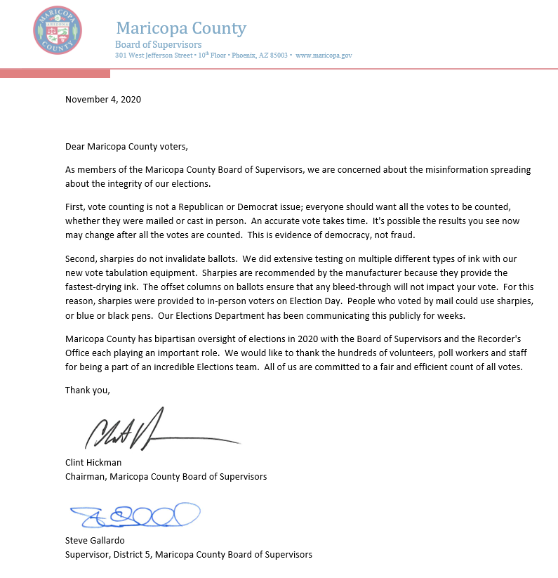 4/4. The Maricopa County Board of Supervisors have issued a statement re the inaccurate claims: