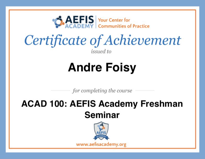 goAEFIS's tweet photo. Terrific work earning your first certificate of completion in AEFIS Academy @j_andrefoisy!

Professional Development+Lifelong Learning=Continuous Self Improvement opportunities

Join AEFIS Academy &amp; earn your first certificate: https://t.co/cMaPyAiL9j

#AEFISAcademy #aefisable https://t.co/Wu1CI6ipj6