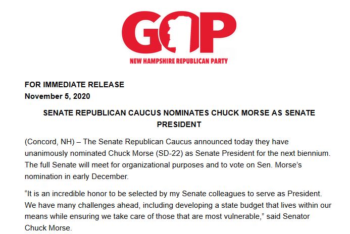Just in: Incoming @NHGOPSenate majority caucus today nominated GOP Leader Chuck @Morse4Senate of Salem to return to former post as @TheNHSenate president for the next session. #nhpolitics #WMUR https://t.co/aLkzZQSrTy