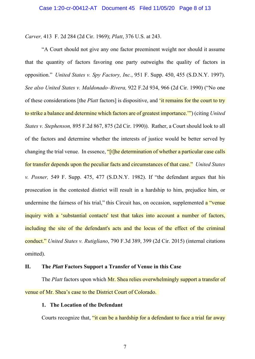 Now if you’re asking me;IMO Defendant Shea does make a few solid arguments why a change of venue is appropriate but ultimately it’s up to the Court. I also think this is a defense strategy to uncouple himself from Kolfage & Bannon not IDEAL for the Govt https://ecf.nysd.uscourts.gov/doc1/127127922207