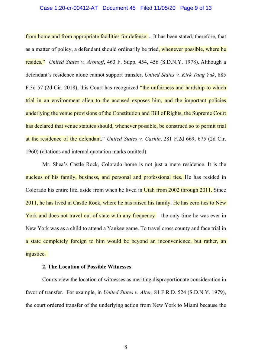 Now if you’re asking me;IMO Defendant Shea does make a few solid arguments why a change of venue is appropriate but ultimately it’s up to the Court. I also think this is a defense strategy to uncouple himself from Kolfage & Bannon not IDEAL for the Govt https://ecf.nysd.uscourts.gov/doc1/127127922207