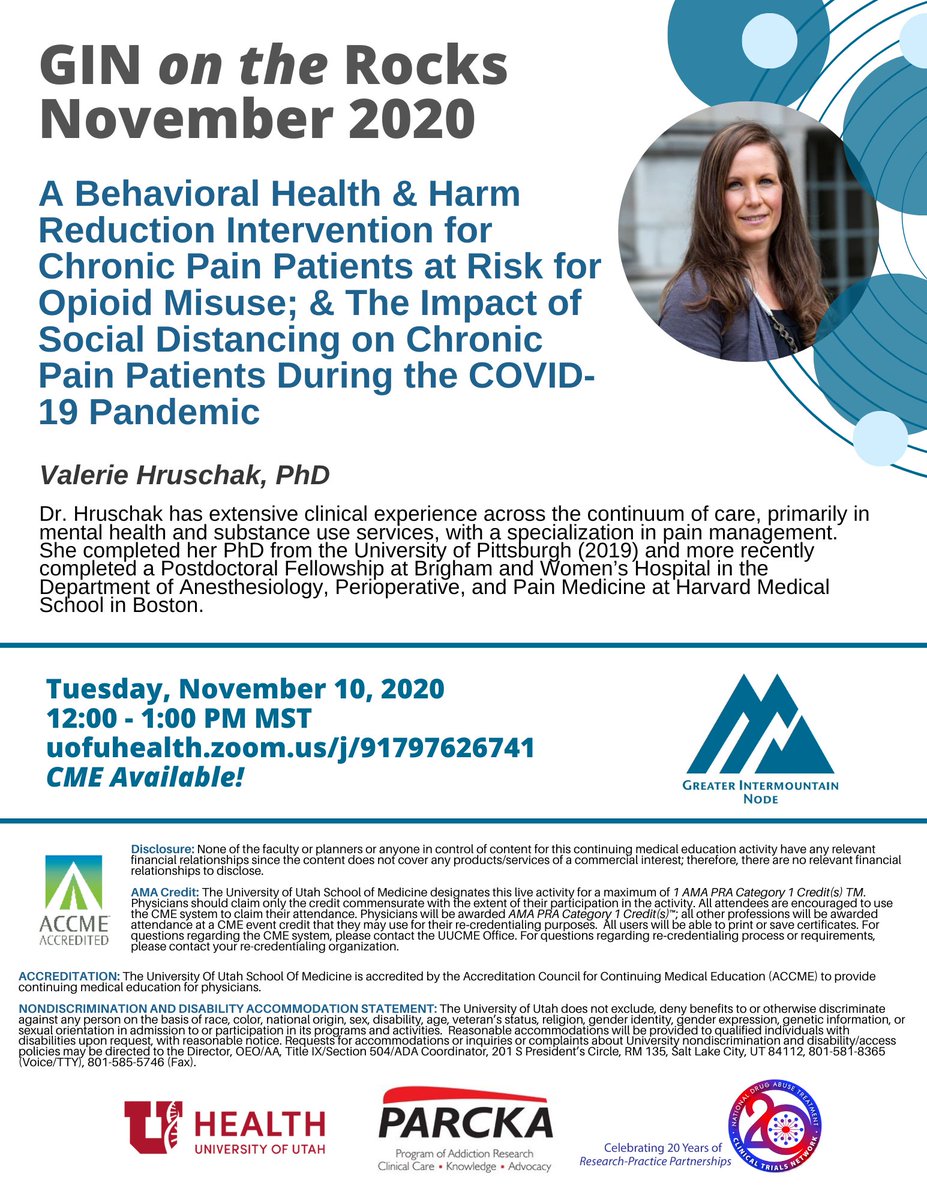 UofU_PARCKA's tweet photo. Only 5 days until our next #GIN on the #Rocks #GOTR. We are very #excited to have @Val_Hruschak with us to discuss many things, including the impact of #SocialDistancing on #ChronicPain patients during #COVID19. See you #Tuesday @ noon! 🩺⏲️ https://t.co/YCi8uwbDLc