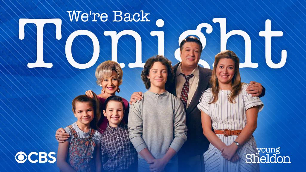 A photo of the Cooper family with the words "We're back tonight" and the CBS and Young Sheldon logos