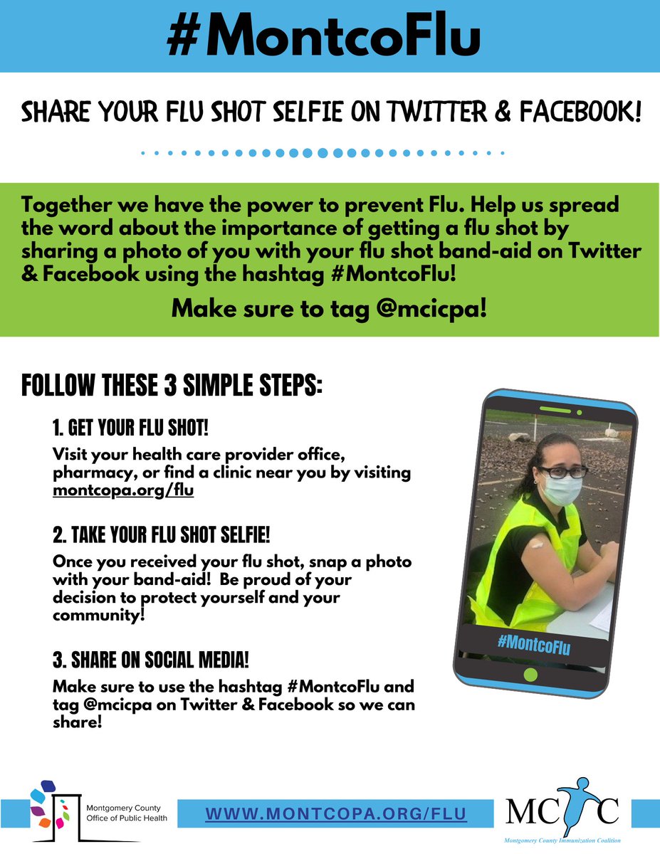 MontcoHealthPA's tweet photo. Hey #MontcoPA! Show us your #FluSelfie and help spread the word about the importance of getting your #FluShot! 

👉Get Your #FluShot 
👉ake Your Flu Shot Selfie 
👉Share on Twitter &amp; Facebook using #MontcoFlu and tag 
@mcicpa https://t.co/nvAya66Ujl