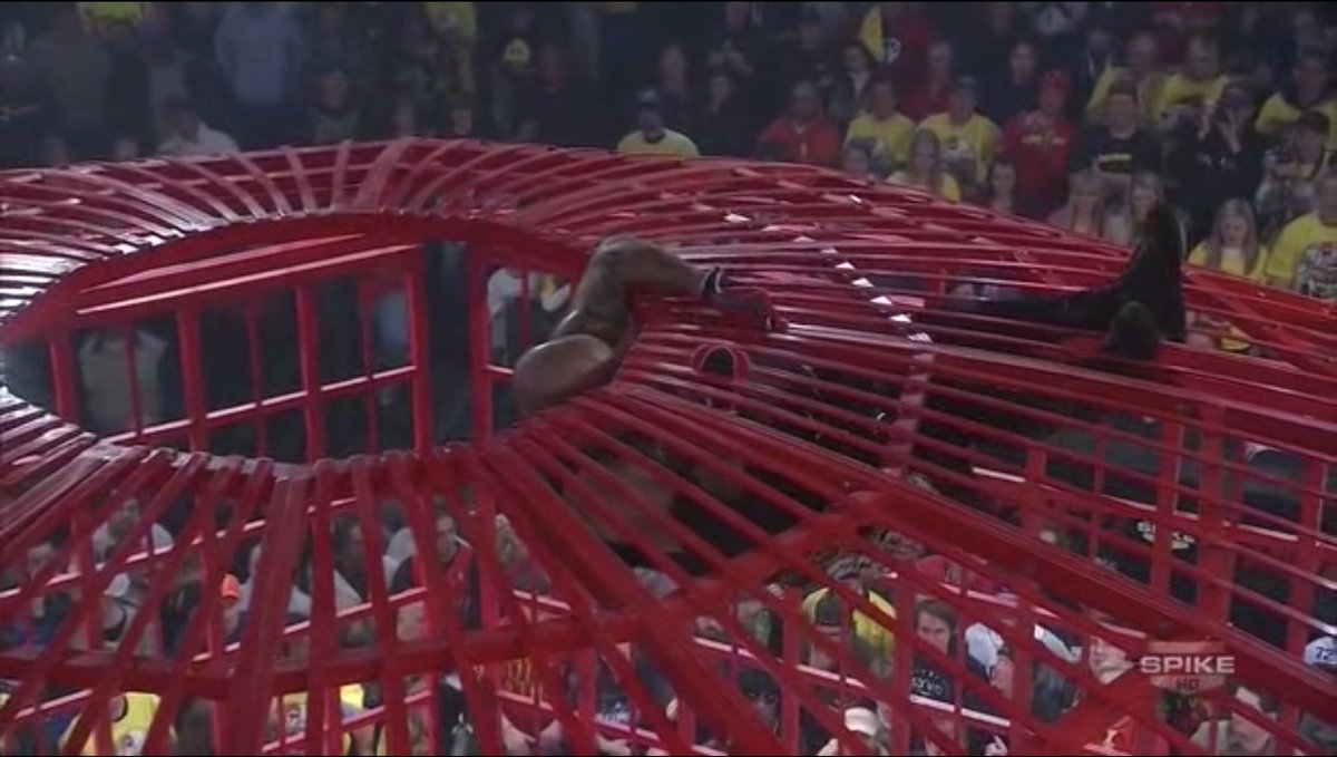 so its all fun and then homicide whacks everybody with a steel pipe and its a no contest. but then he still climbs up. and folks he's up there for a full minute and just cant get out that hole. eventually he just drops down. no gif because its truly painful  #tna10