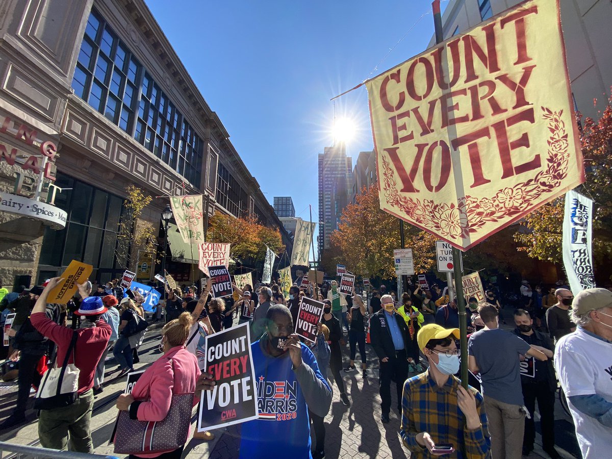 HelenGymAtLarge's tweet photo. Thousands of ballots sit in the convention center still to be counted. Each represents the constitutional right of a voter - a right that movements fought for and won.

We are not going to leave these streets until every vote is counted and every voters’ right has been protected. https://t.co/GIhHLmcYIa