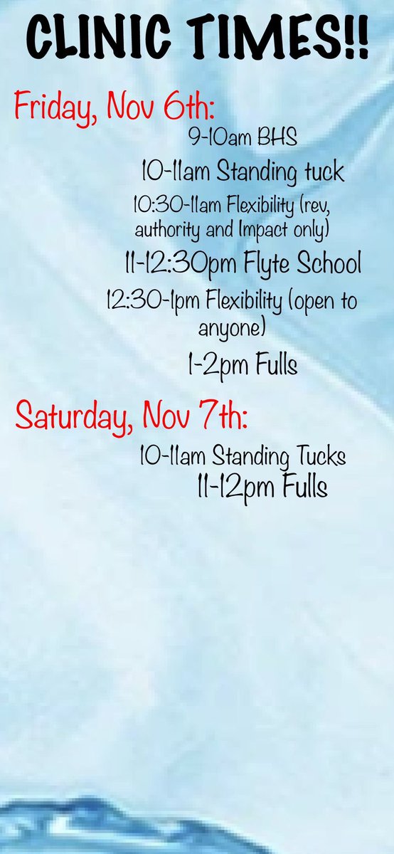 revolutionutah's tweet photo. CLINIC SCHEDULE for this weekend!!! ❤️❤️🖤🖤 We added full clinics and back tuck clinics to Saturday!! 
You can sign up on our website!!! We can’t wait to see you! Don’t forget your mask! 😷 https://t.co/TFqdUv3njx