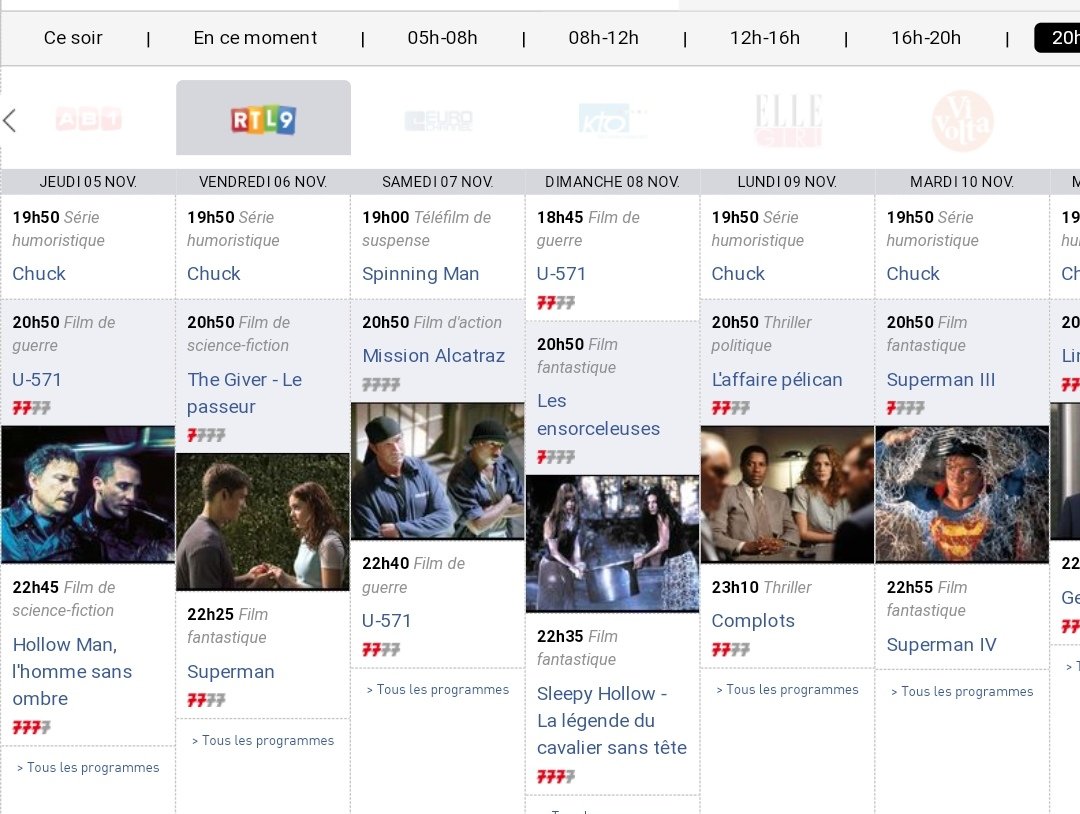U-571, Hollow Man, Superman, Sleepy hollow, L'affaire pelican. Non mais regardez moi cette programmation de maboule à partir de ce soir sur <a href="/LaChaineRTL9/">RTL9</a>