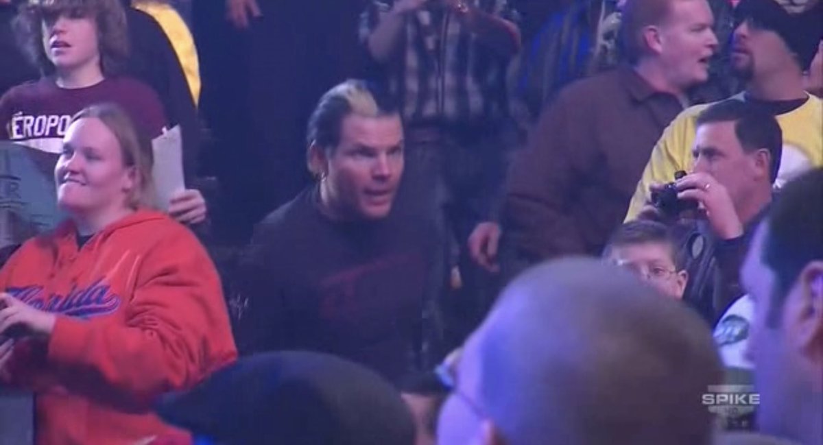 after the match jeff hardy returns to TNA with his short hair and tool shirt, just to bash homicide in the side of the head with a chair. overall a bad night for 'cide (who to be clear, is a legend)  #tna10