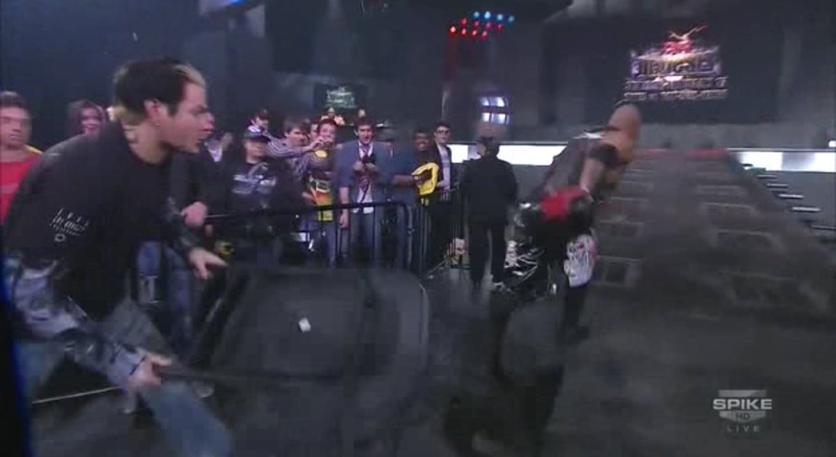 after the match jeff hardy returns to TNA with his short hair and tool shirt, just to bash homicide in the side of the head with a chair. overall a bad night for 'cide (who to be clear, is a legend)  #tna10