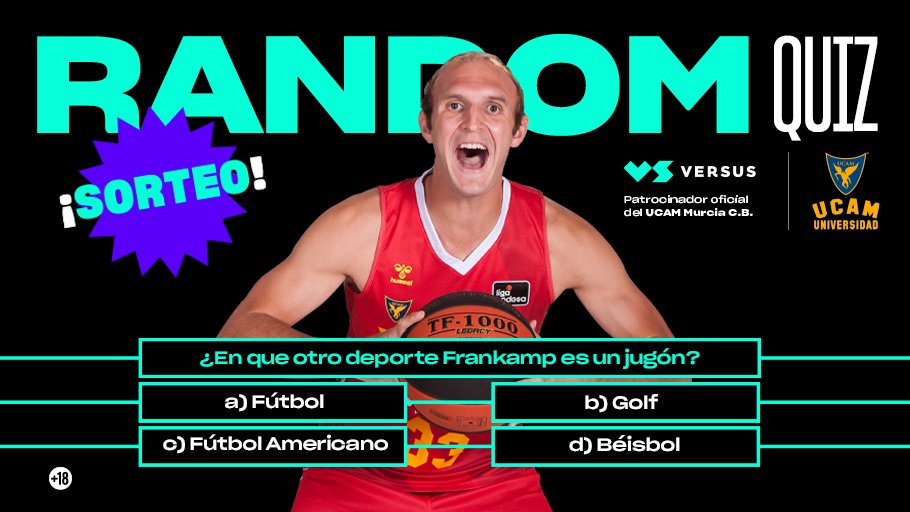 UCAMMurcia's tweet photo. 😎 | RANDOM QUIZ |
🎽 ¿Quieres ganar una sudadera oficial del @UCAMMurcia?
✍️ ¡Atentos, que os decimos cómo!
1️⃣ Sigue a @UCAMMurcia y a @VERSUSapuestas
2️⃣ Responde correctamente a la pregunta que lanzamos.
3️⃣ Haz RT y menciona a un amigo.
🔞 Solo
#RandomQuiz https://t.co/wGsOD1YGUy