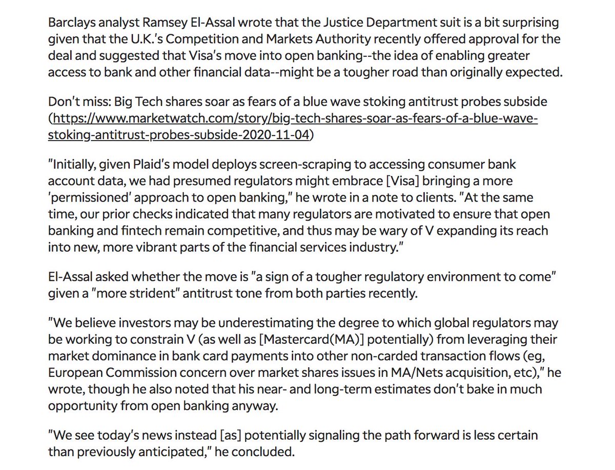 I think the take from Barclay's analyst Ramsey El-Assal is pretty good. Visa's move into open banking and anything to do with ACH is a lot more difficult than people imagine, even with a Plaid acquisition.The upside, tho, is more structured & consistent access to bank accts5/