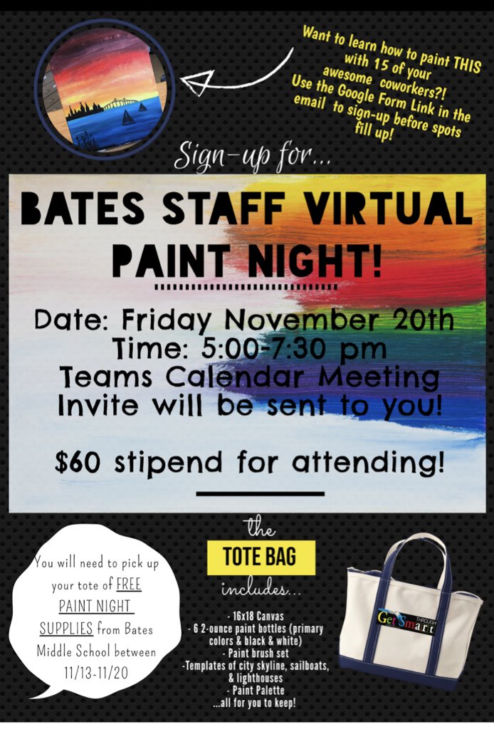 BatesAIinACTION's tweet photo. The fabulous Ms. Waterworth and I are so excited to be hosting ANOTHER Virtual Paint Night for Bates staff! So many perks of working at Bates! #aacpsartsintegration #onebates #alwaystogetherneverapart π¨ π https://t.co/z1gZot9U3C