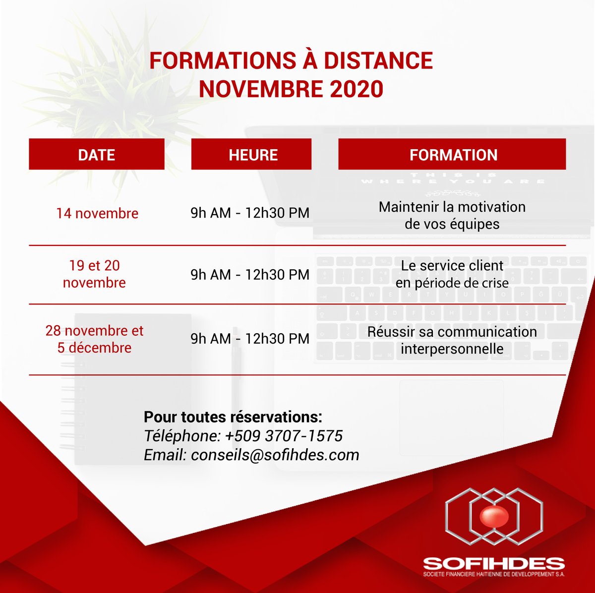 sofihdesht's tweet photo. Profitez de nos offres de formations pour le mois de Novembre 2020.

#sofihdesht #soficonseils #formation #controleinterne #motivation #performance #serviceclient #positionnement https://t.co/V0uzW2OCYG