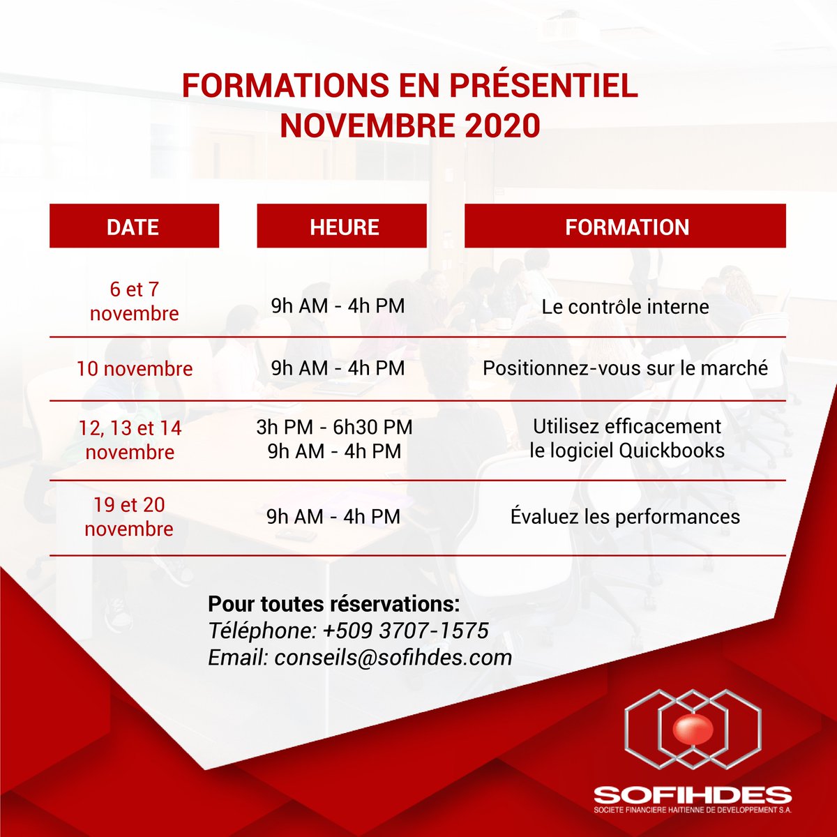sofihdesht's tweet photo. Profitez de nos offres de formations pour le mois de Novembre 2020.

#sofihdesht #soficonseils #formation #controleinterne #motivation #performance #serviceclient #positionnement https://t.co/V0uzW2OCYG