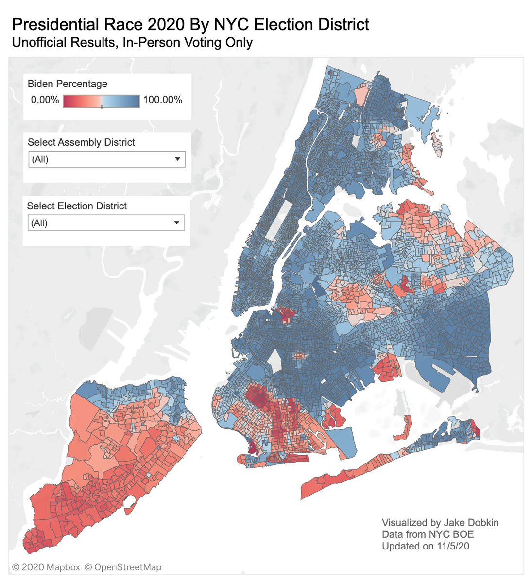 Gothamist's tweet photo. See how your NYC neighbors voted in the 2020 election—we've mapped the unofficial, in-person votes for the presidential race https://t.co/LI6CmyBoQw https://t.co/SlKs0oX1jc