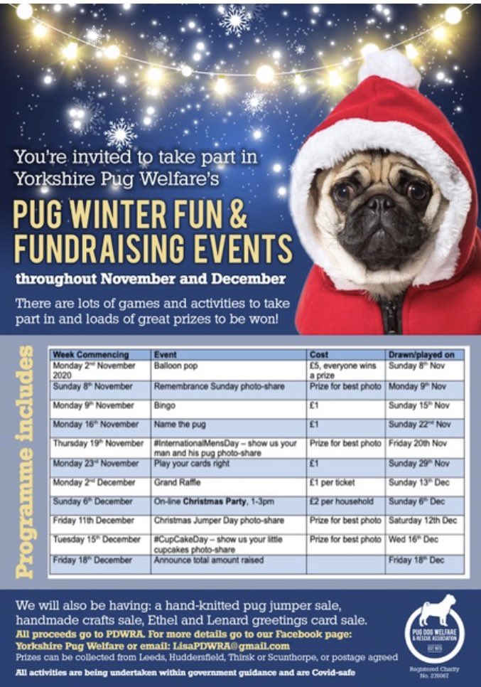 For some early festive fun as we go into lockdown this month, please join Yorkshire Pug Welfare for a variety of virtual games &amp; pug photo competitions to raise funds for pugs in need. Join at: facebook.com/groups/6067367…

#pdwra #AdoptDontShop #pugs #Christmas2020