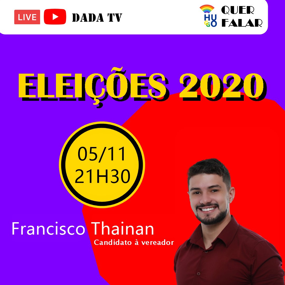 LiberdadeBProd's tweet photo. Hoje tem mais uma live #HuggoQuerFalar pelo canal #DADAtv 📺 entrevistando o candidato à vereador por Cajamar, Francisco Thainan. É às 21h30. #Eleições2020
https://t.co/vi7StUQYlf https://t.co/9iNf5iAXtU