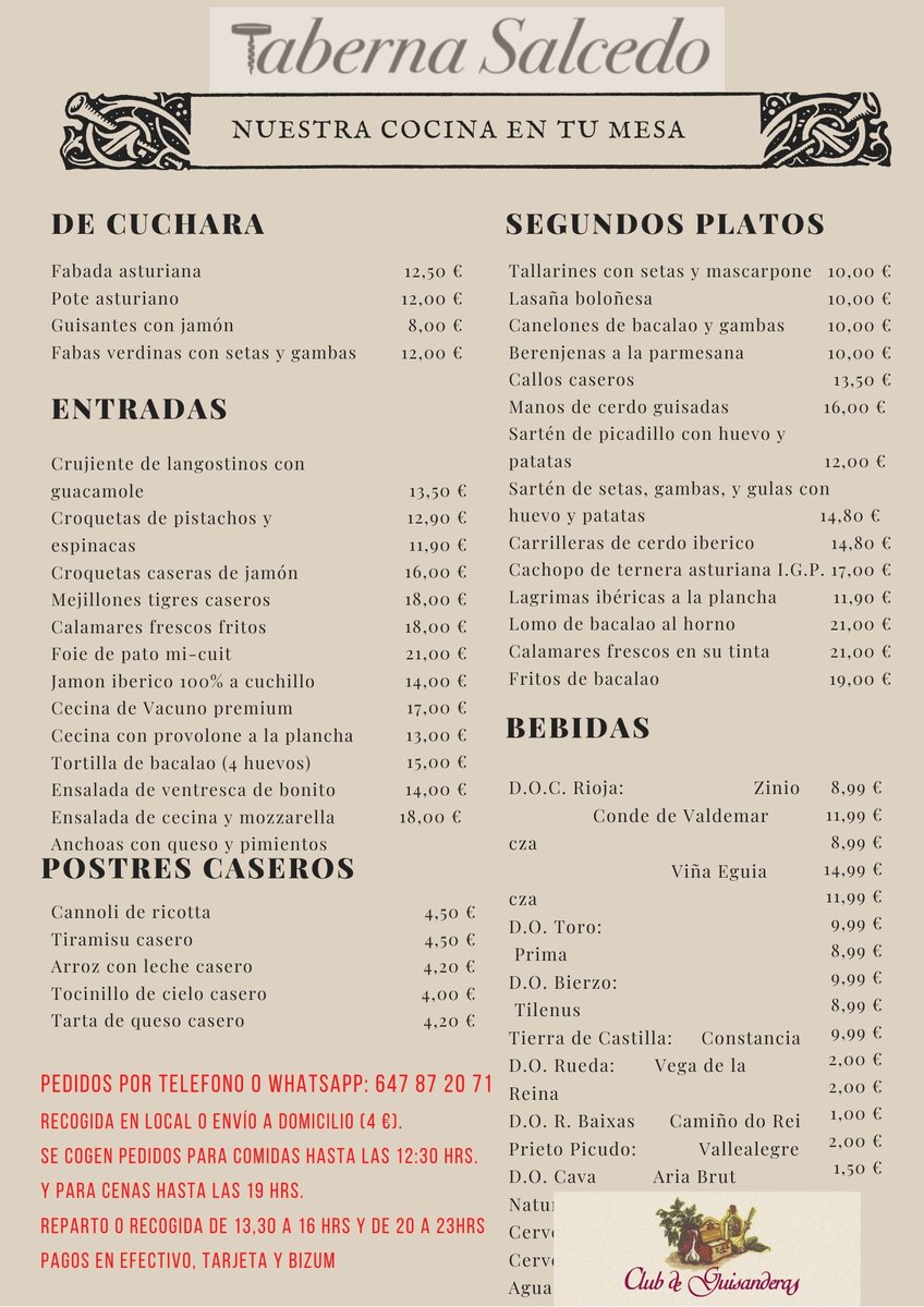 TabernaSalcedo's tweet photo. Nuestra carta para llevar, agradecemos difusión, gracias y cuídense que este bicho es mu malo
#comidaadomicilio #comidaadomicilioenoviedo #comidaparallevar #guisanderas #comidarica #comidasana https://t.co/9W2wWmplqS