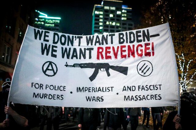 One of the banners carried at last night’s Portland antifa protest-turned-riot. 

Photo: Dave Killen/Oregonian