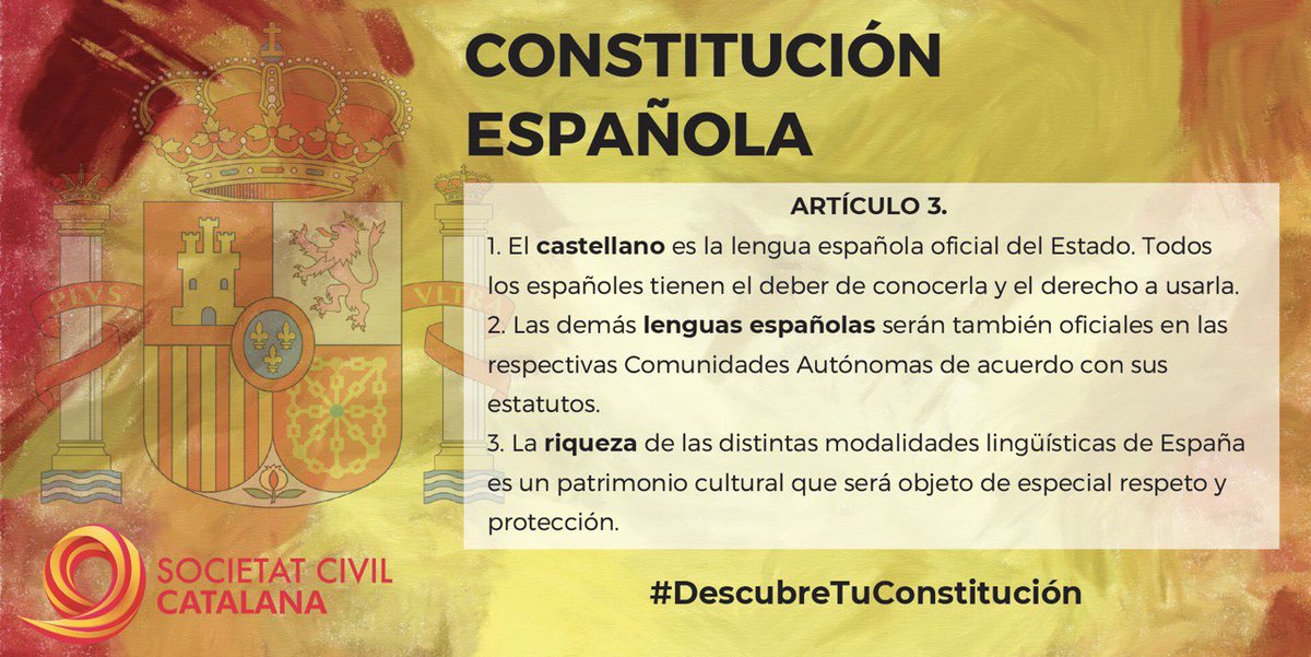Societatcc's tweet photo. A quien pueda interesar...

Art. 3 de la Constitución española:

1️⃣ El CASTELLANO es la lengua española oficial del Estado. TODOS los españoles tienen el deber de conocerla y el derecho a usarla https://t.co/GwF4PQvbOQ